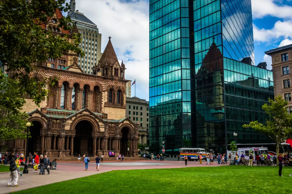Old church and modern glass building in downtown Boston, Massachusetts